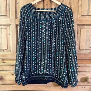Esprit Women's Size 6 Black‎ Green Sheer Blouse Shirt Top Patterned Long Sleeve